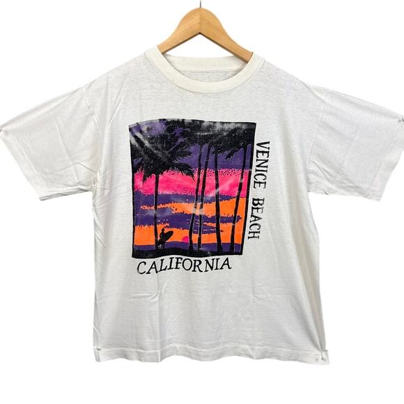 Vintage Venice Beach Single Stitch Tee Shirt Off White Palm Tree Sunset Print - Picture 1 of 8